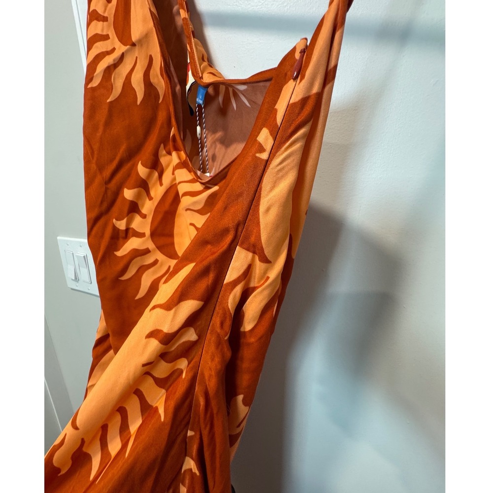 Farm Rio for Anthropologie Sun Motif One Shoulder Fringe Midi Dress Orange L NWT - Picture 8 of 13